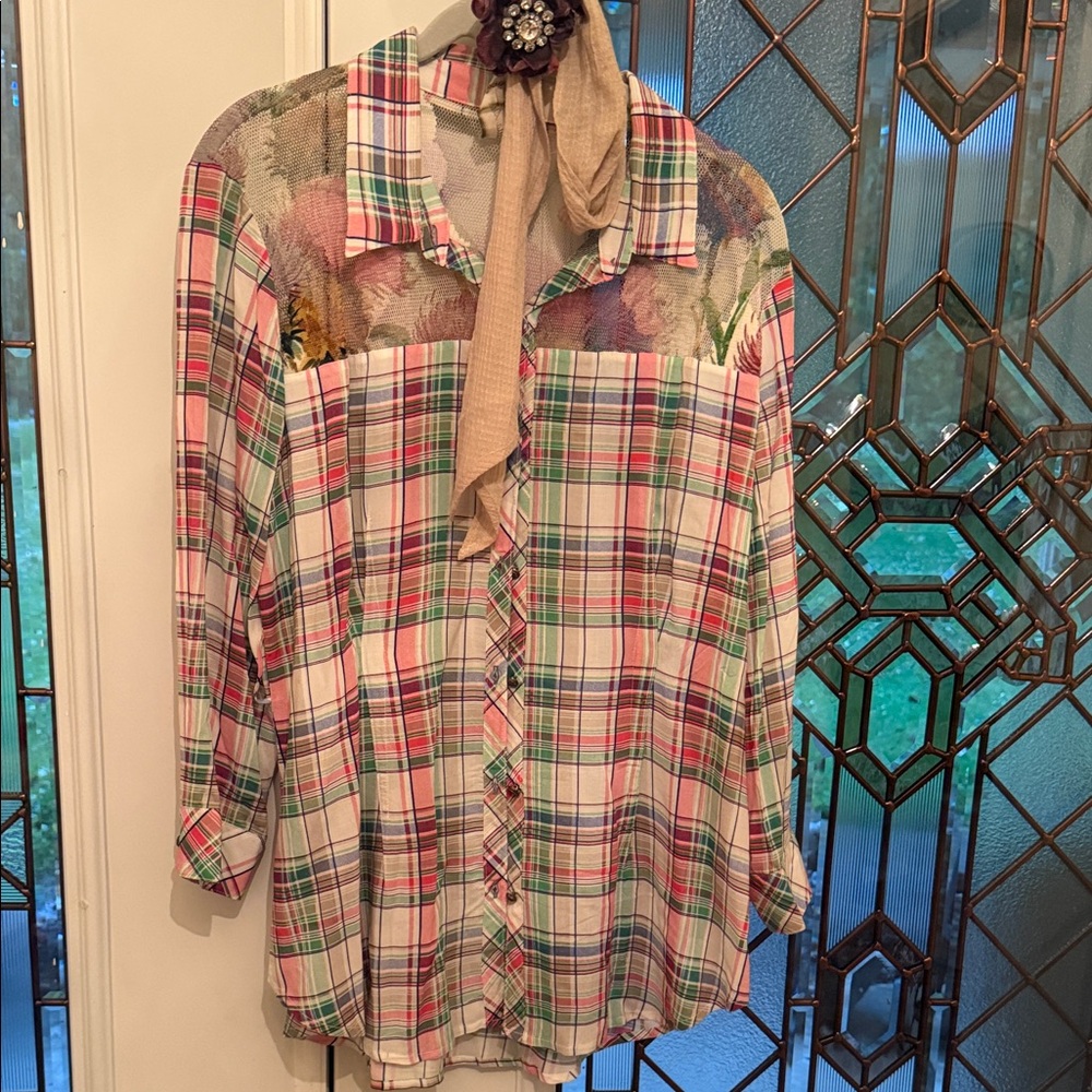 Aratta Pastel Plaid Sheer Yoke Blouse in Pink, Ivory & Green plaid EXTRA scarf